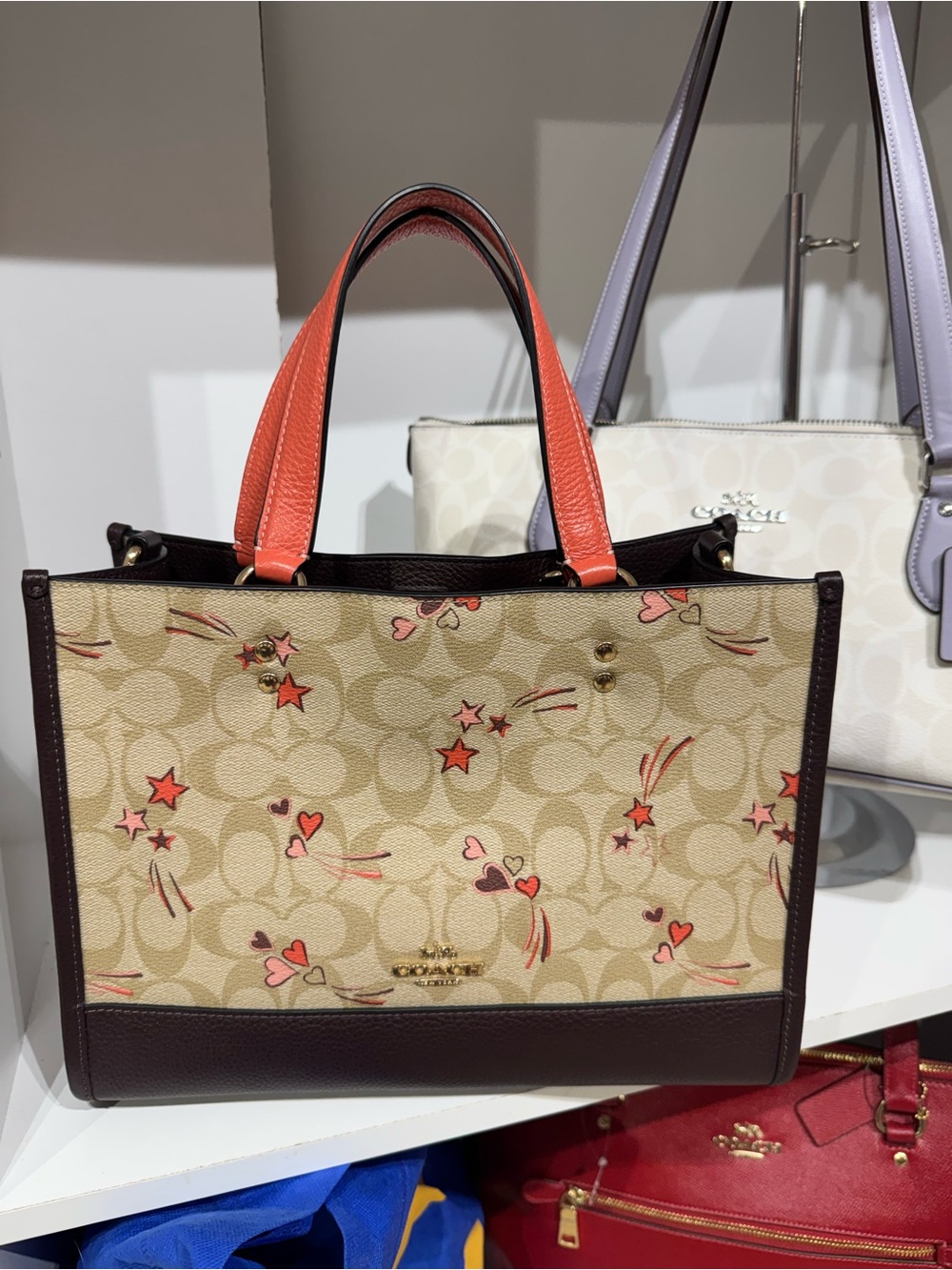 Coach Beige Signature Tote with Coral Accents and Brown Trim - Picture 2 of 2